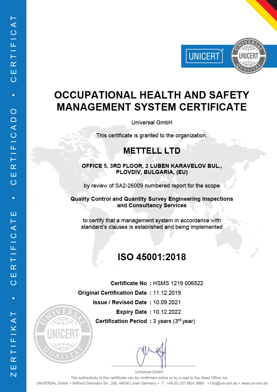 Mettell occupational health and safety management system certificate